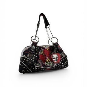 Edgy Black Studded Heart & Skull Satchel Bag